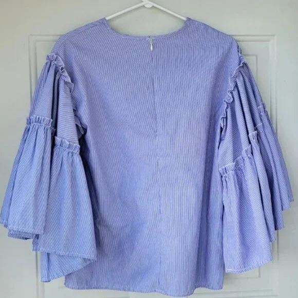 DRA Anthropologie Blue and White Striped Ruffled Tiered Bell Sleeves Top Size S - Picture 2 of 6